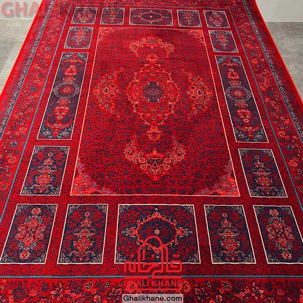 فرش تهران طرح کتیبه لاکی سرمه‌ای کاربنی