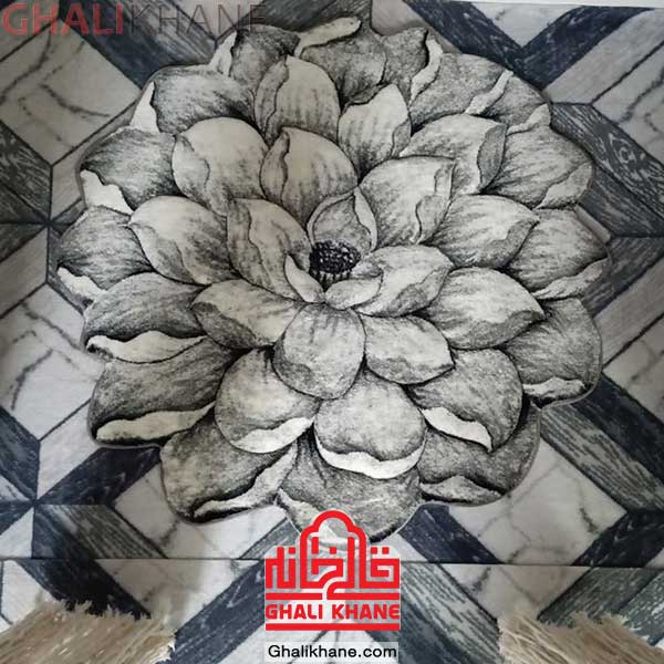فرش سه بعدی فانتزی زرباف طرح گل نیلوفر طوسی