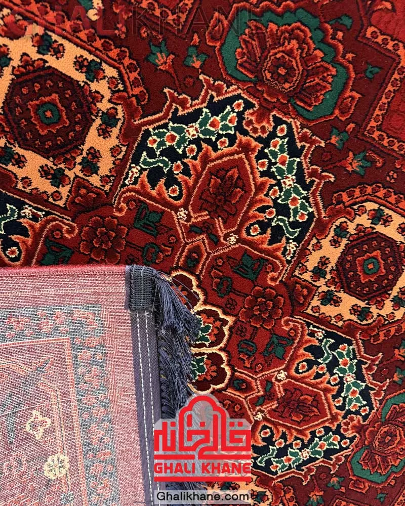 فرش ماشینی مشهد 700 شانه رنگ زمینه لاکی کد 871378