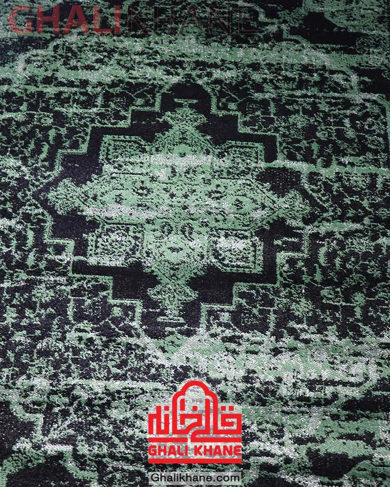 گلیم فرش ماشینی 320 شانه ساوین طرح وینتیج مشکی سبز
