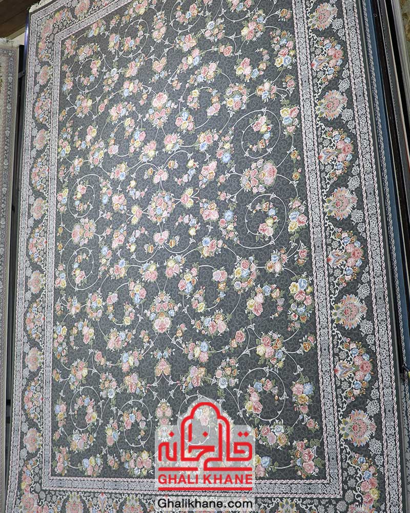فرش ماشینی تهران 1200 شانه طرح افشان رز درباری دودی
