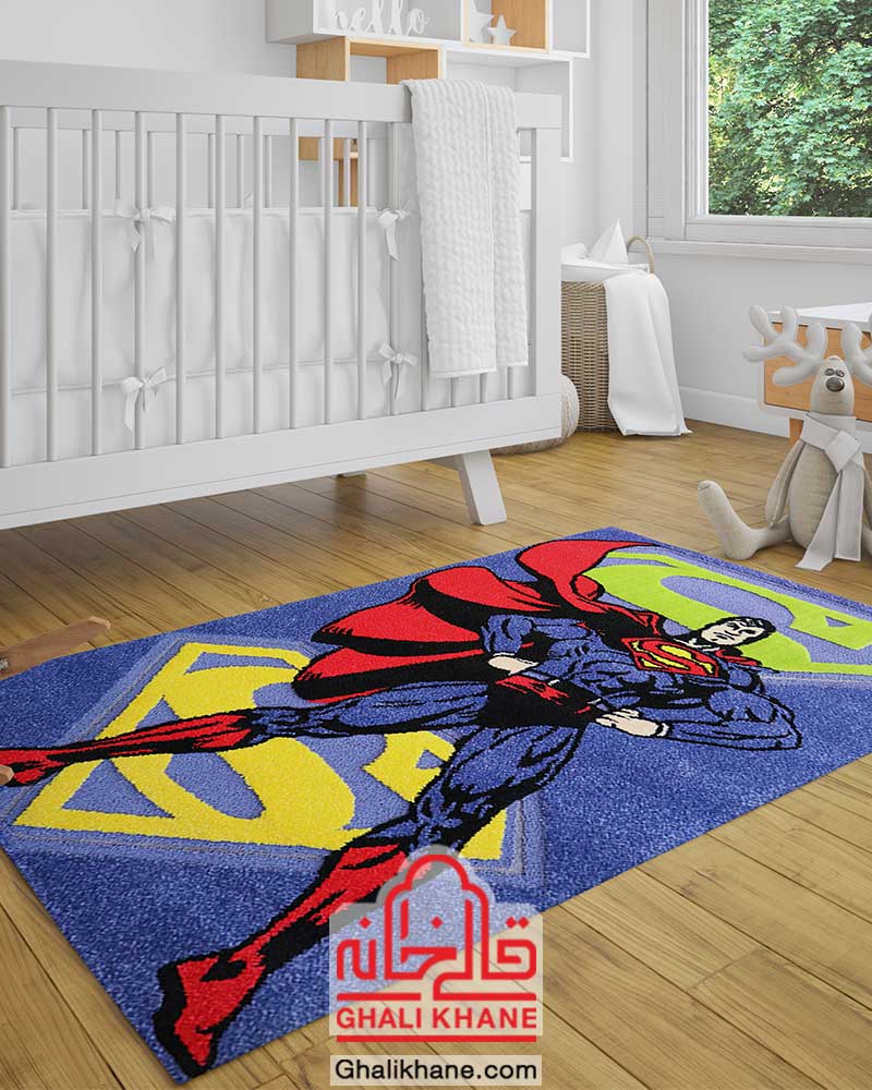 گلیم فرش ماشینی طرح سوپرمن یک و نیم متری
