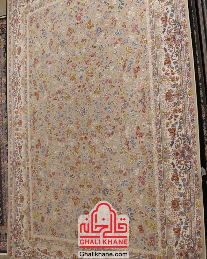 فرش ماشینی تهران 1200 شانه طرح گل آرا کرم